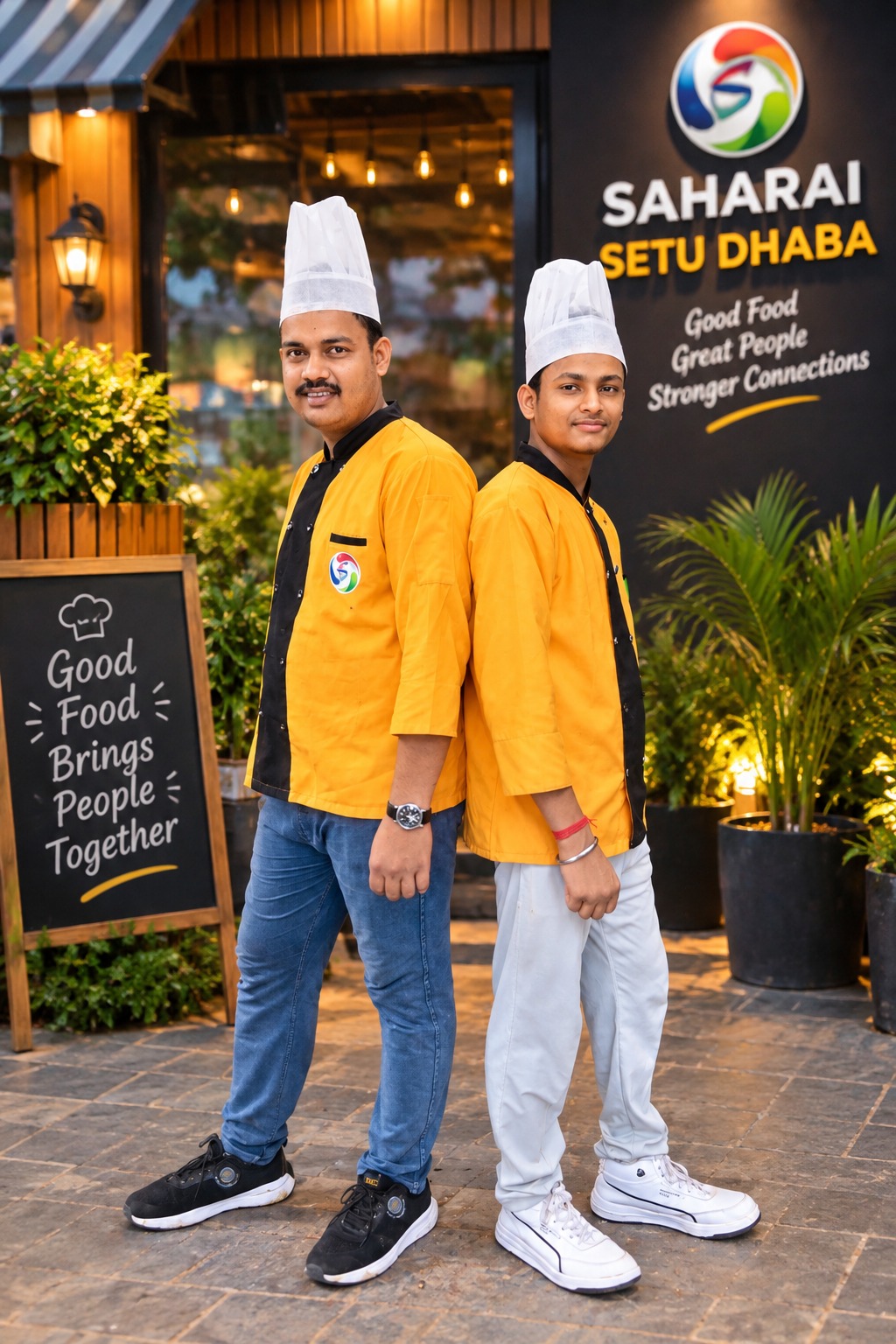 Chefs of Saharai Setu Dhaba in yellow uniforms outside the dhaba